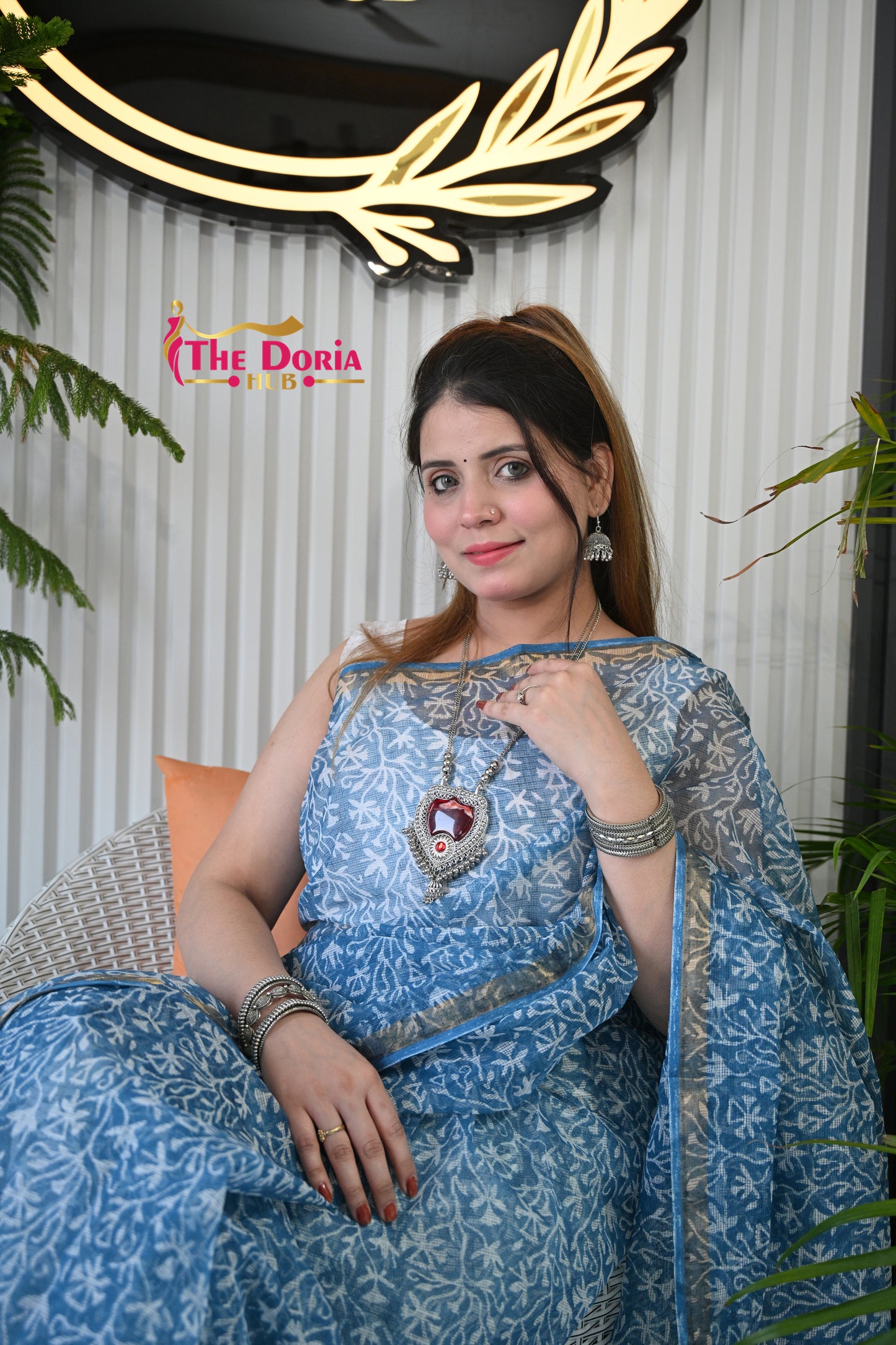 Blue Floral Kota Doria Saree