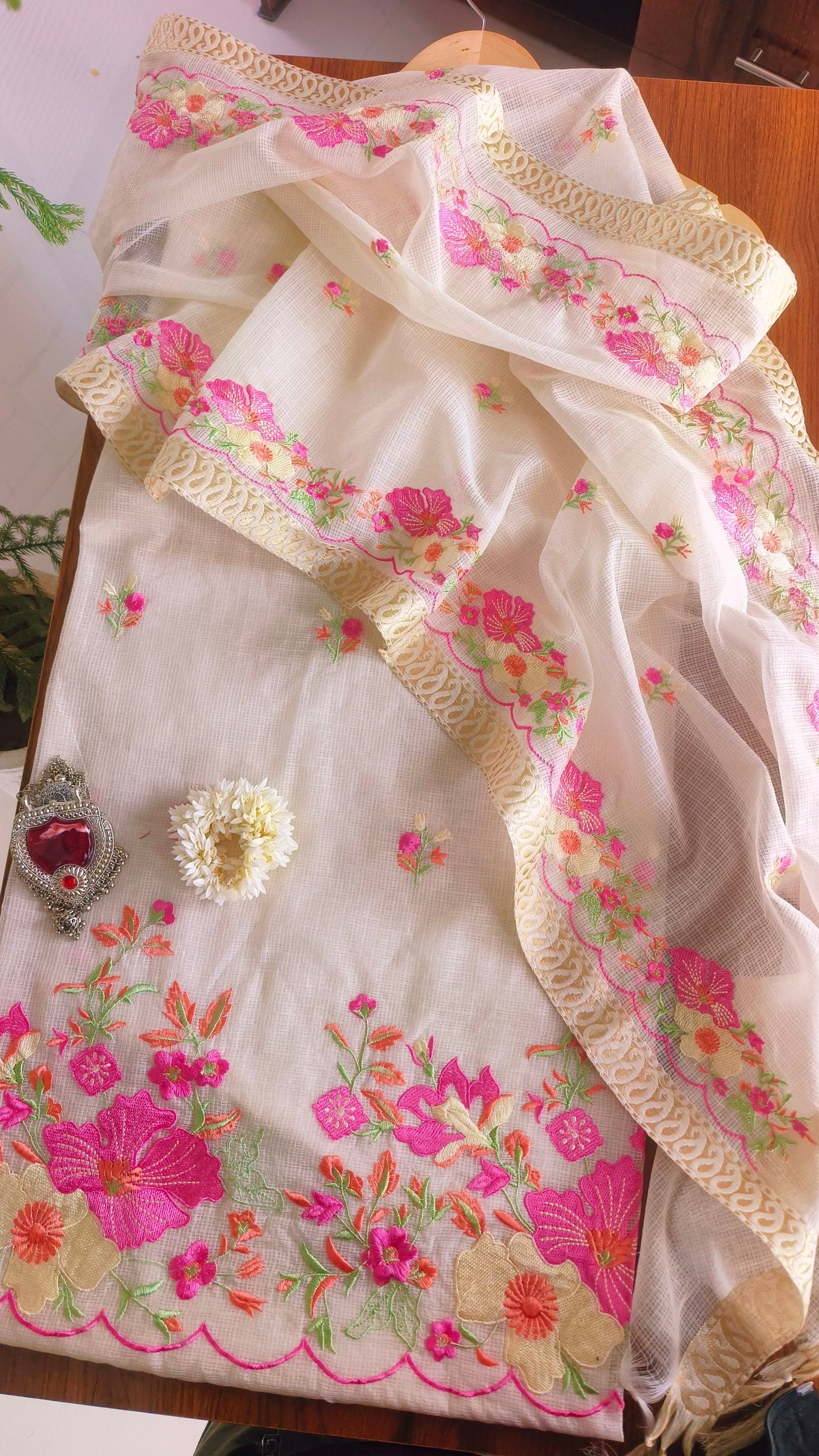 Mint Flora Embroidery Dress Material