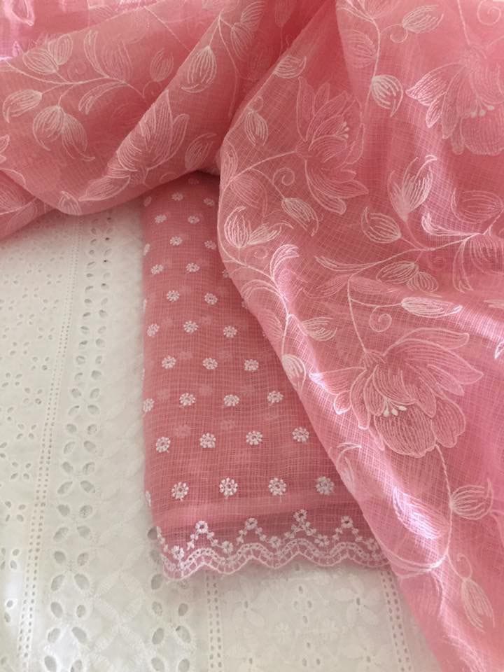 Pastel Pink Kota Doria Embroidery Work Dress Mate with chickenkari Bottom