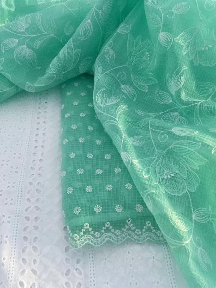 Pastel Green Kota Doria Embrodiery Work Dress Mate with chickenkari Bottom