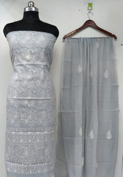 Teal Blue Kota Dress Material With Floral Embroidery Work and Bottom & Dupatta