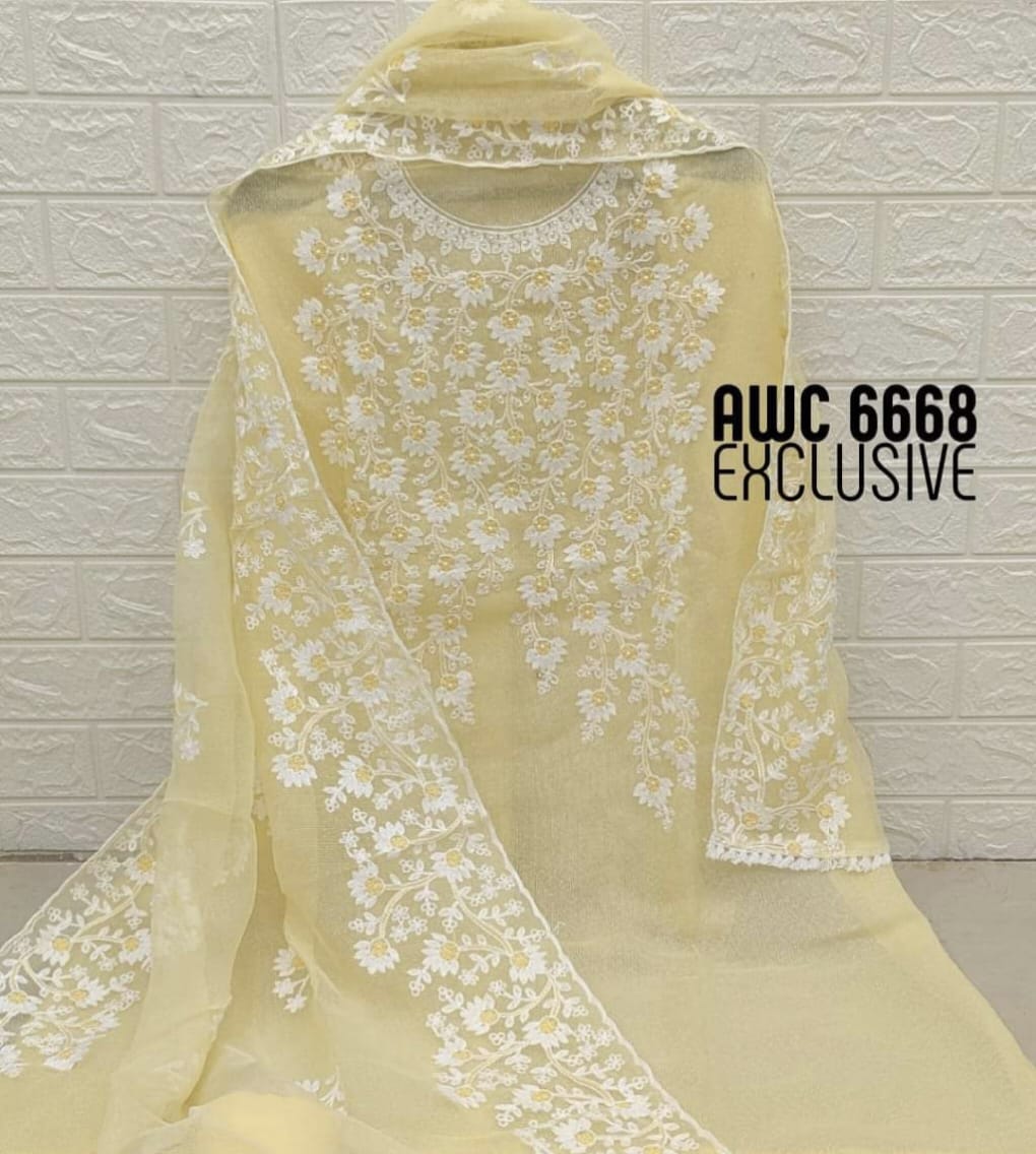 Soft Yellow Kota Doria Embroidery Work Dress Material