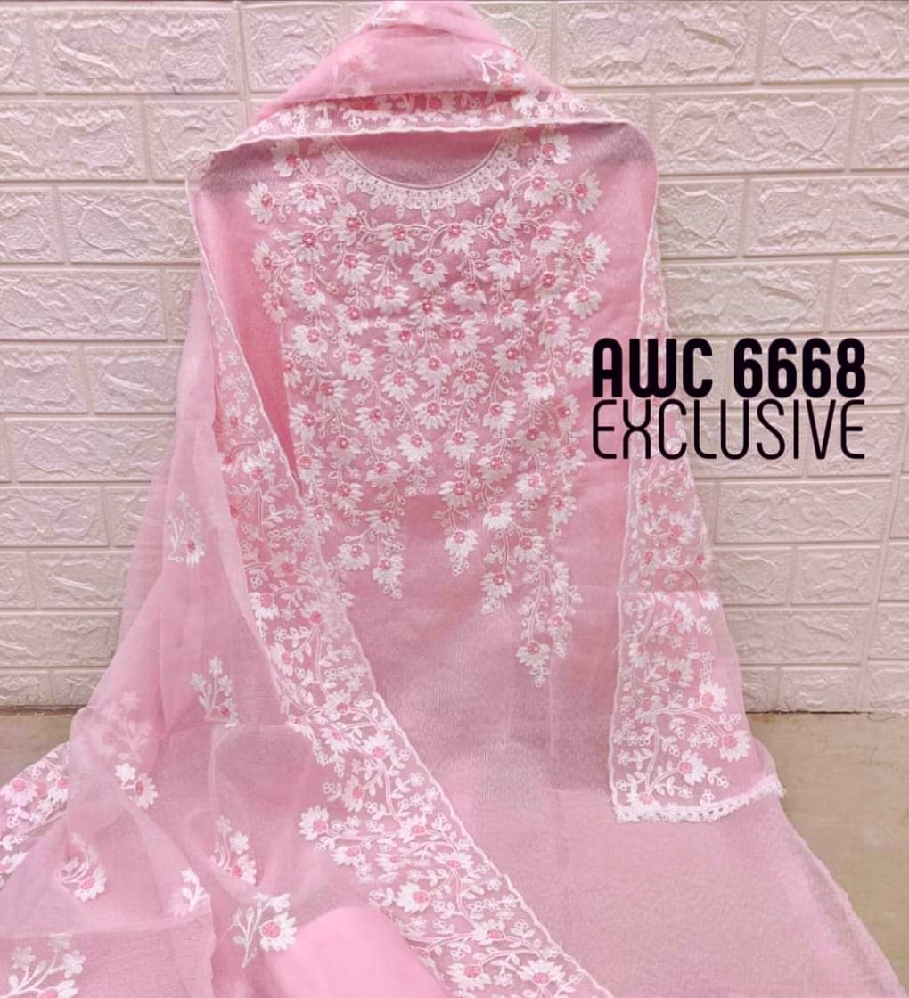 Pastel Pink Floral Embroidery Work Dress Material