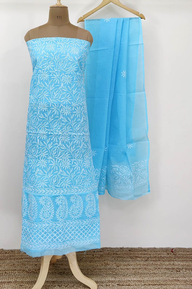 Handcrafted Kota Doria Suit Set with White Thread Chikankari