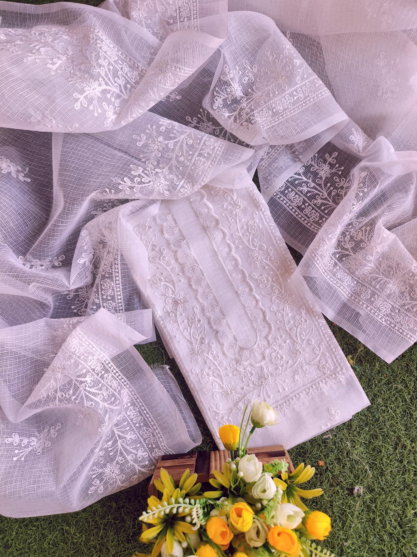 Classic White Kota Doria Cotton Embrodiery Work Dress Material