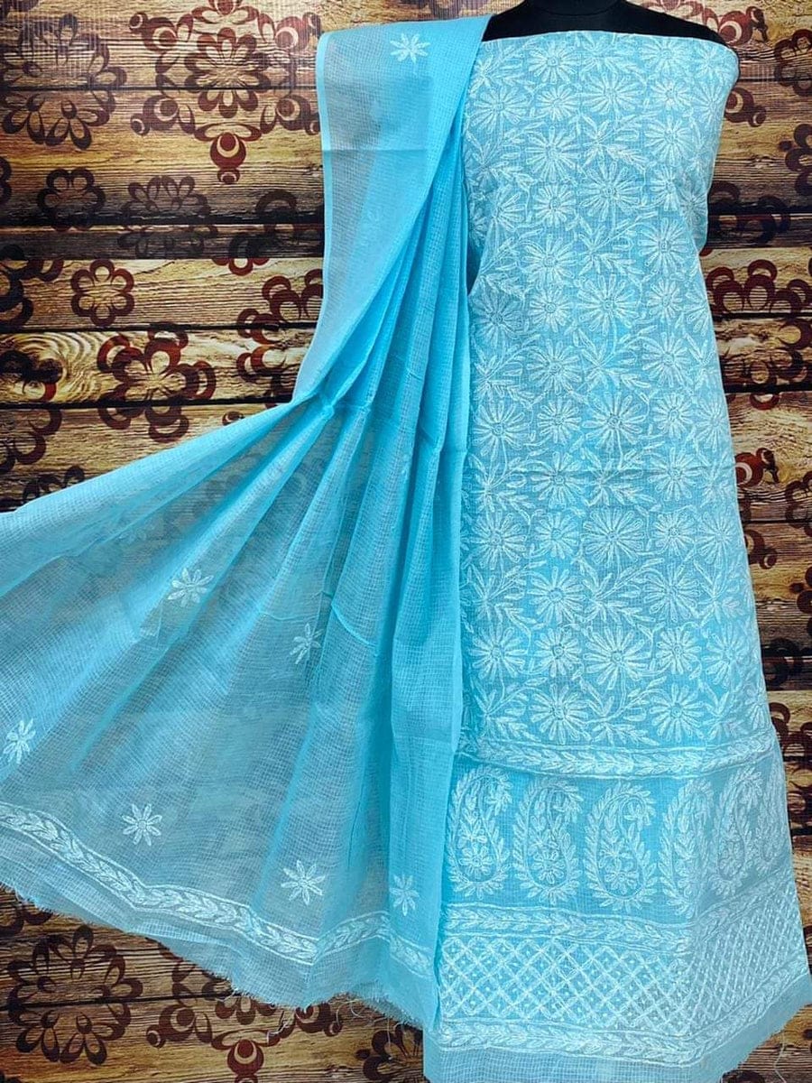 sky blue cotton dress material Sky Blue Cotton Threadwork Unstitched Dress Material With Matching Bottom And Dupatta