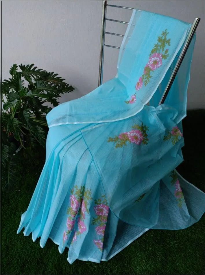Floral Blue Kota Doria Saree