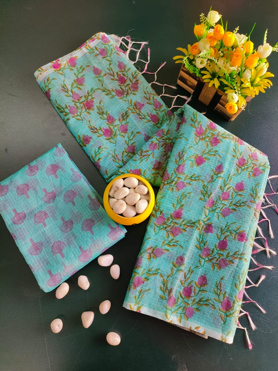 Pure Blue Kota Cotton Floral Weave Saree
