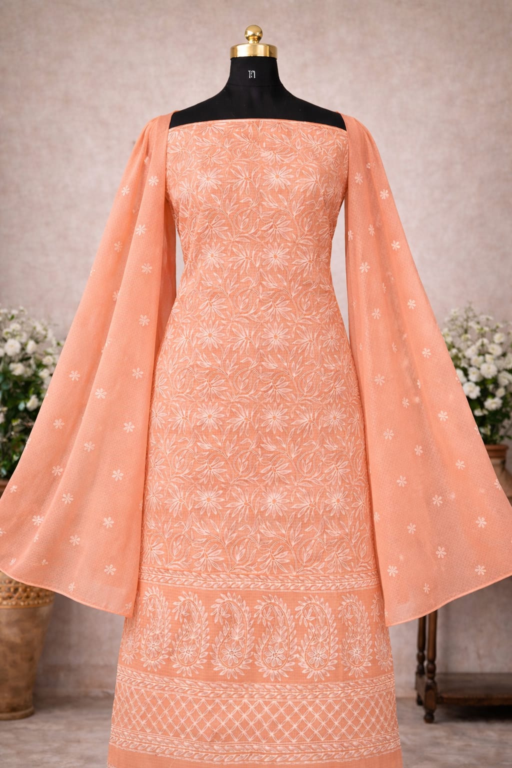 Luxury Peach Kota Doria Cotton Dress Material