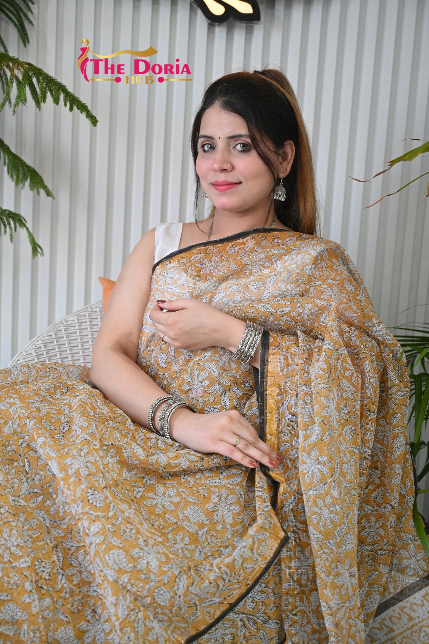 Mustard Block Print Kota Doria Saree