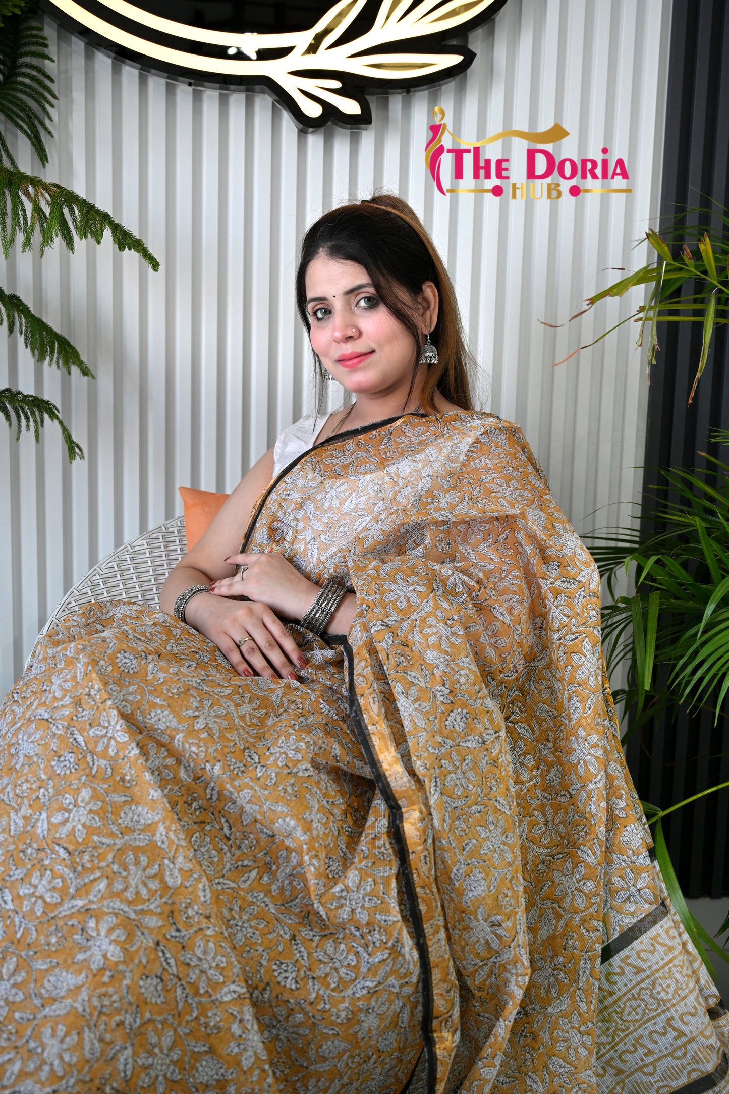 Mustard Block Print Kota Doria Saree