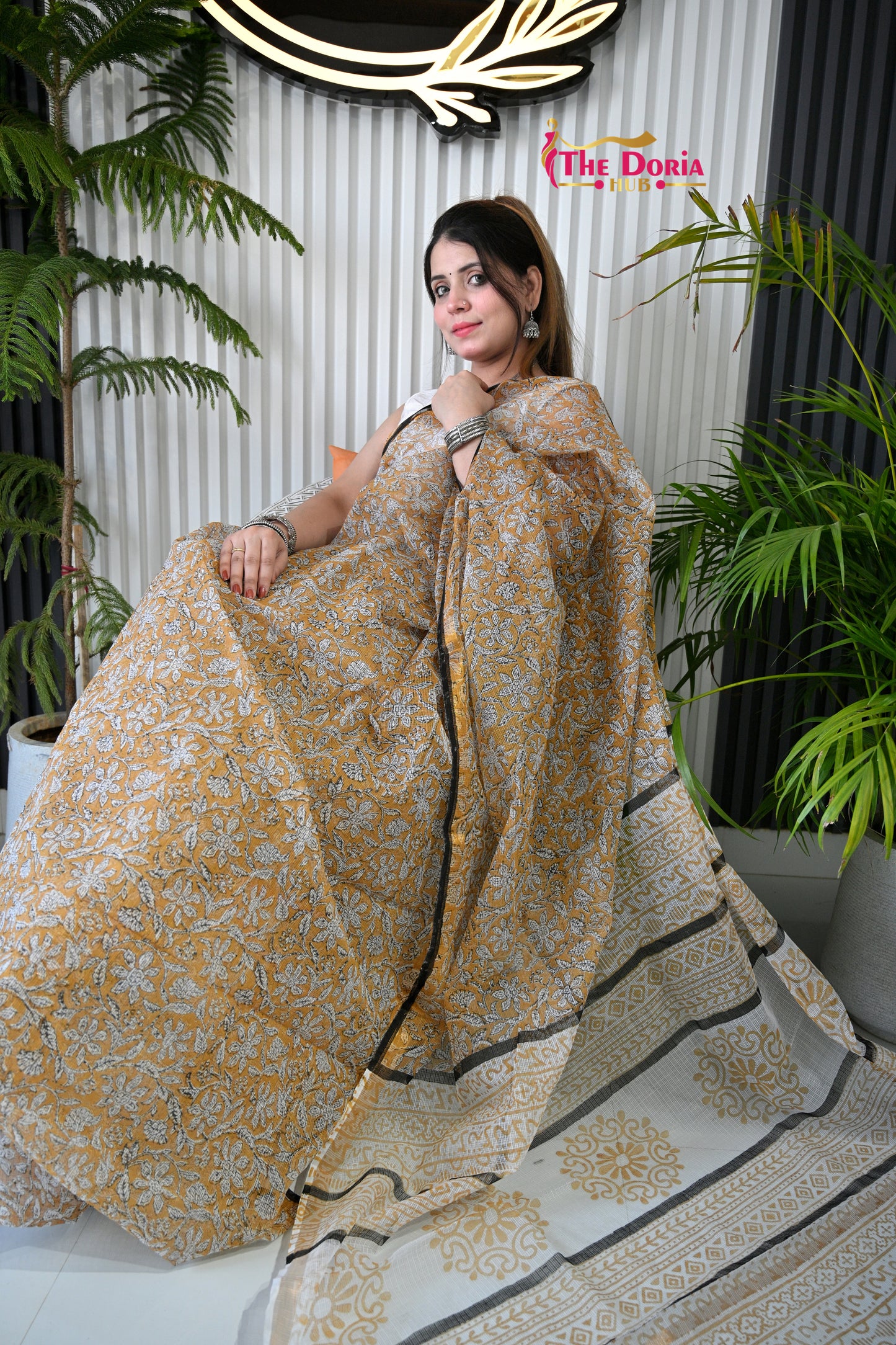 Mustard Block Print Kota Doria Saree