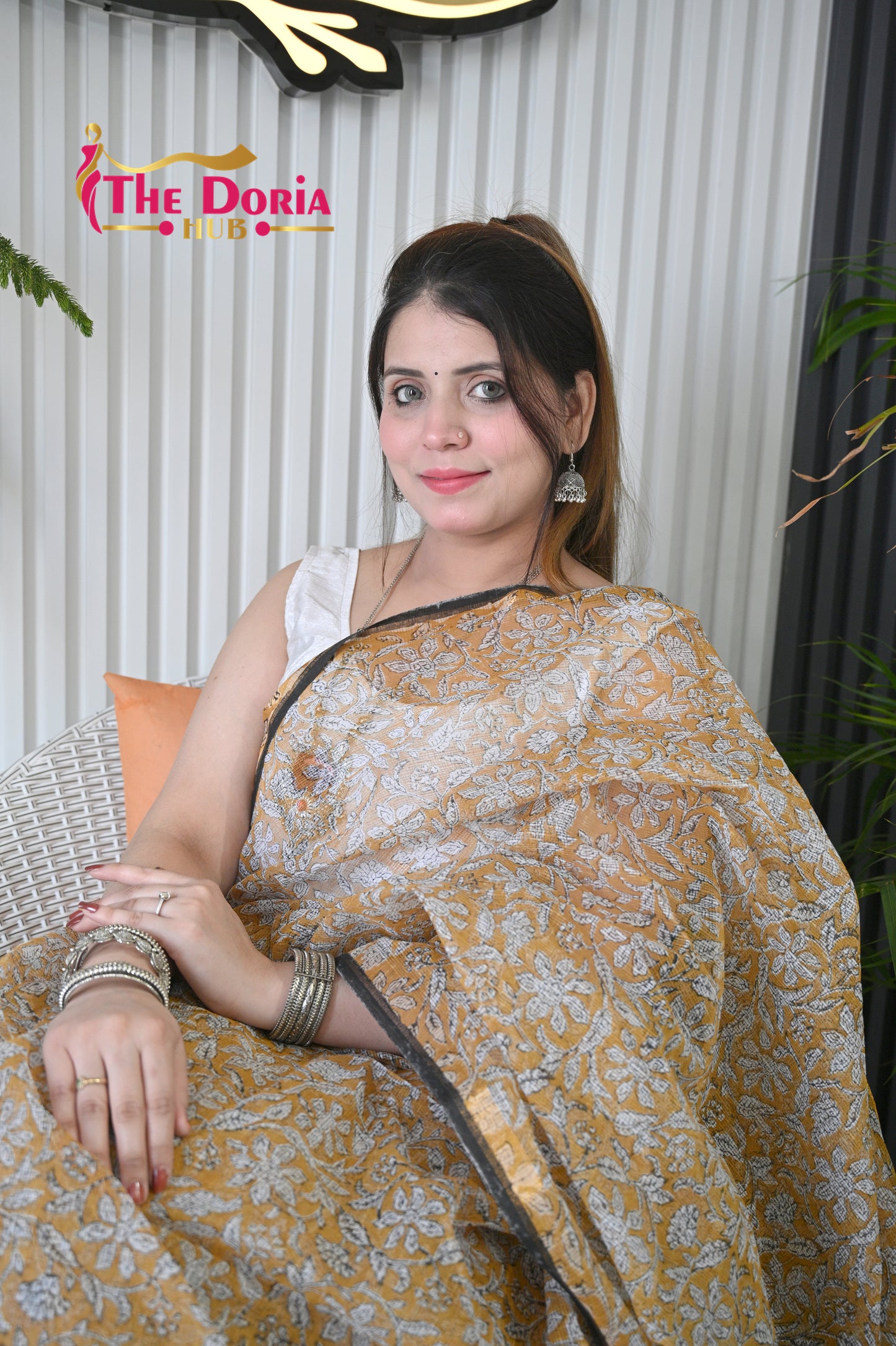 Mustard Block Print Kota Doria Saree