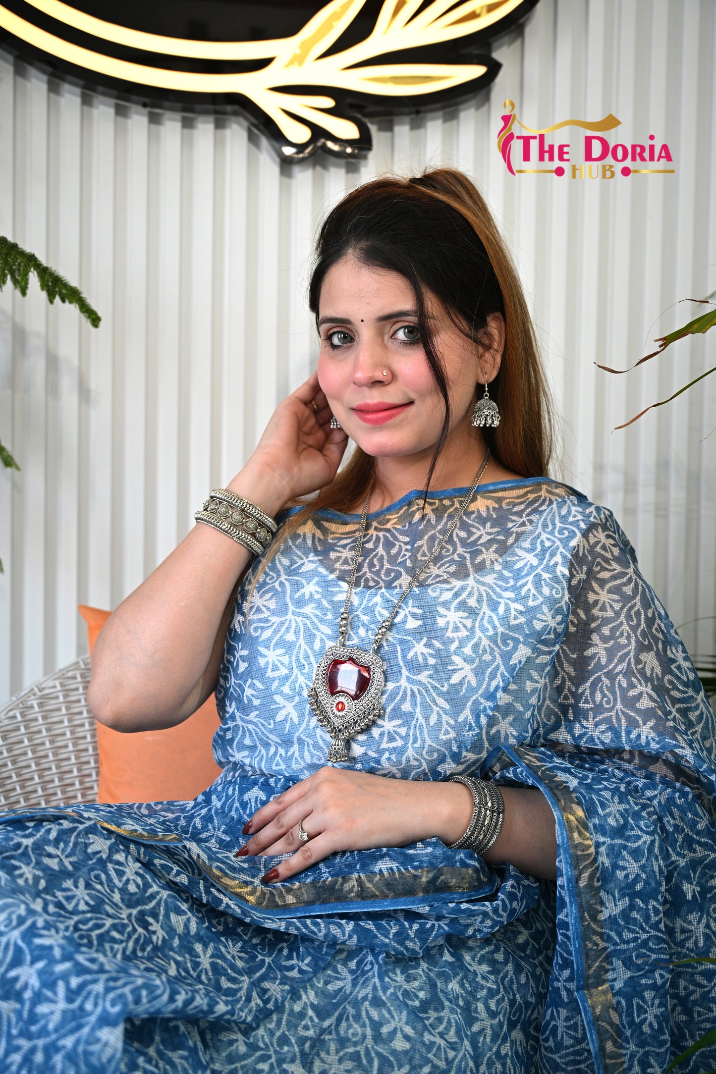 Blue Floral Kota Doria Saree