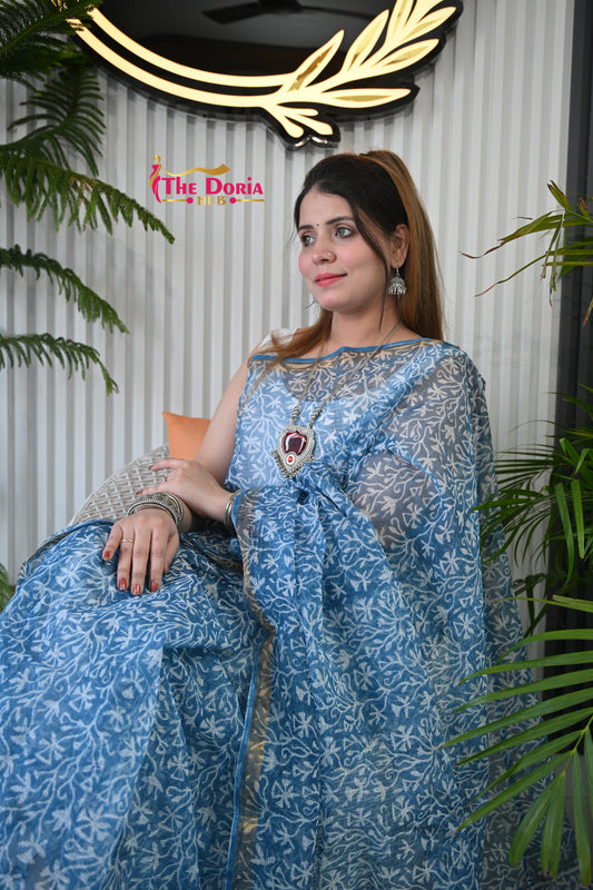 Blue Floral Kota Doria Saree