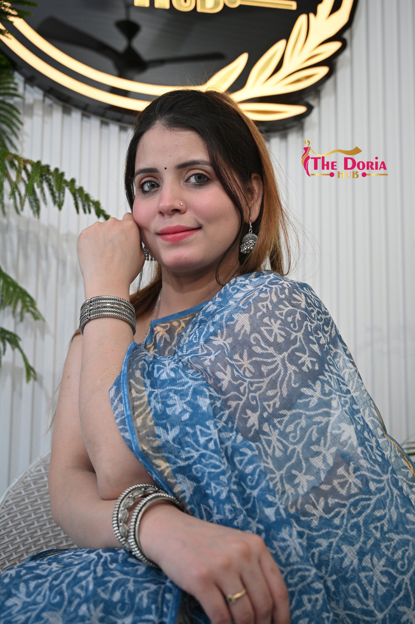 Blue Floral Kota Doria Saree