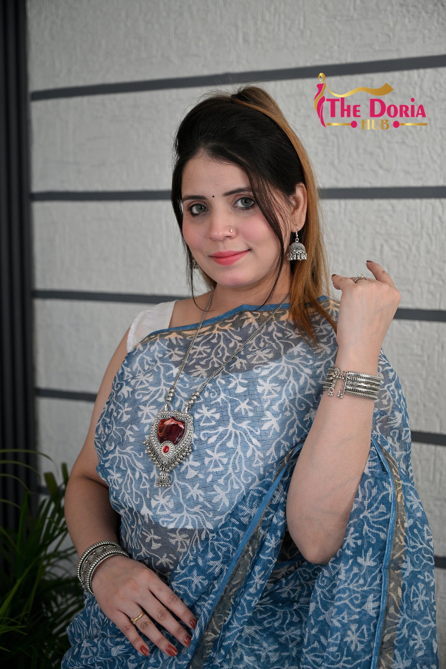 Blue Floral Kota Doria Saree