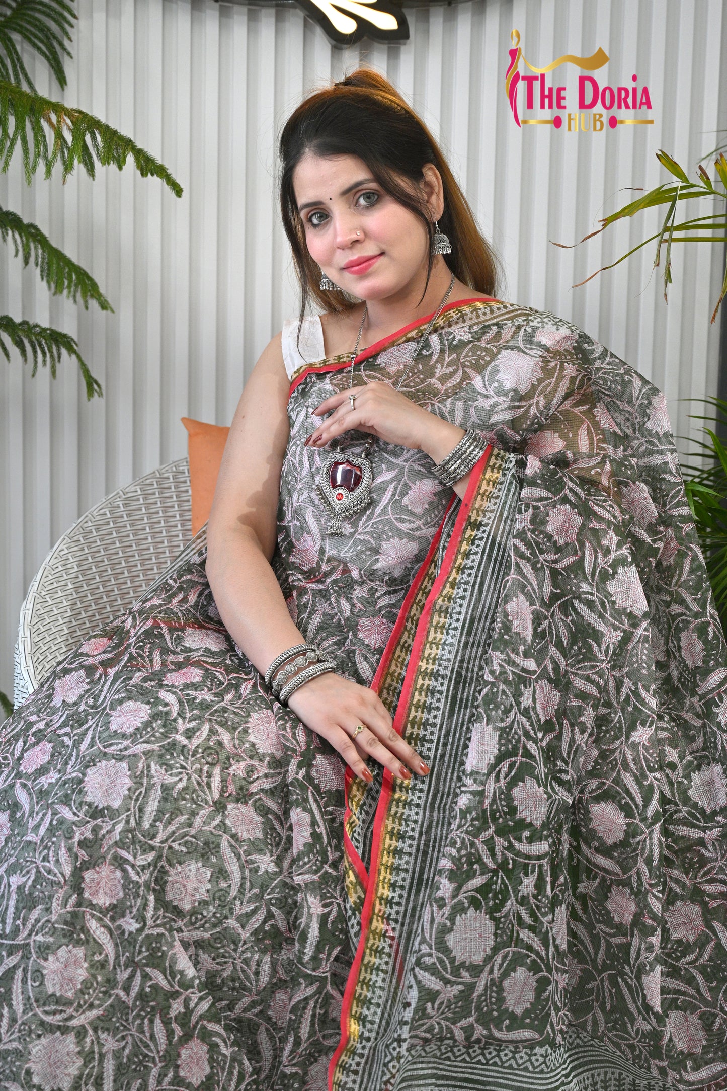 Floral Hand Block Kota Doria Saree