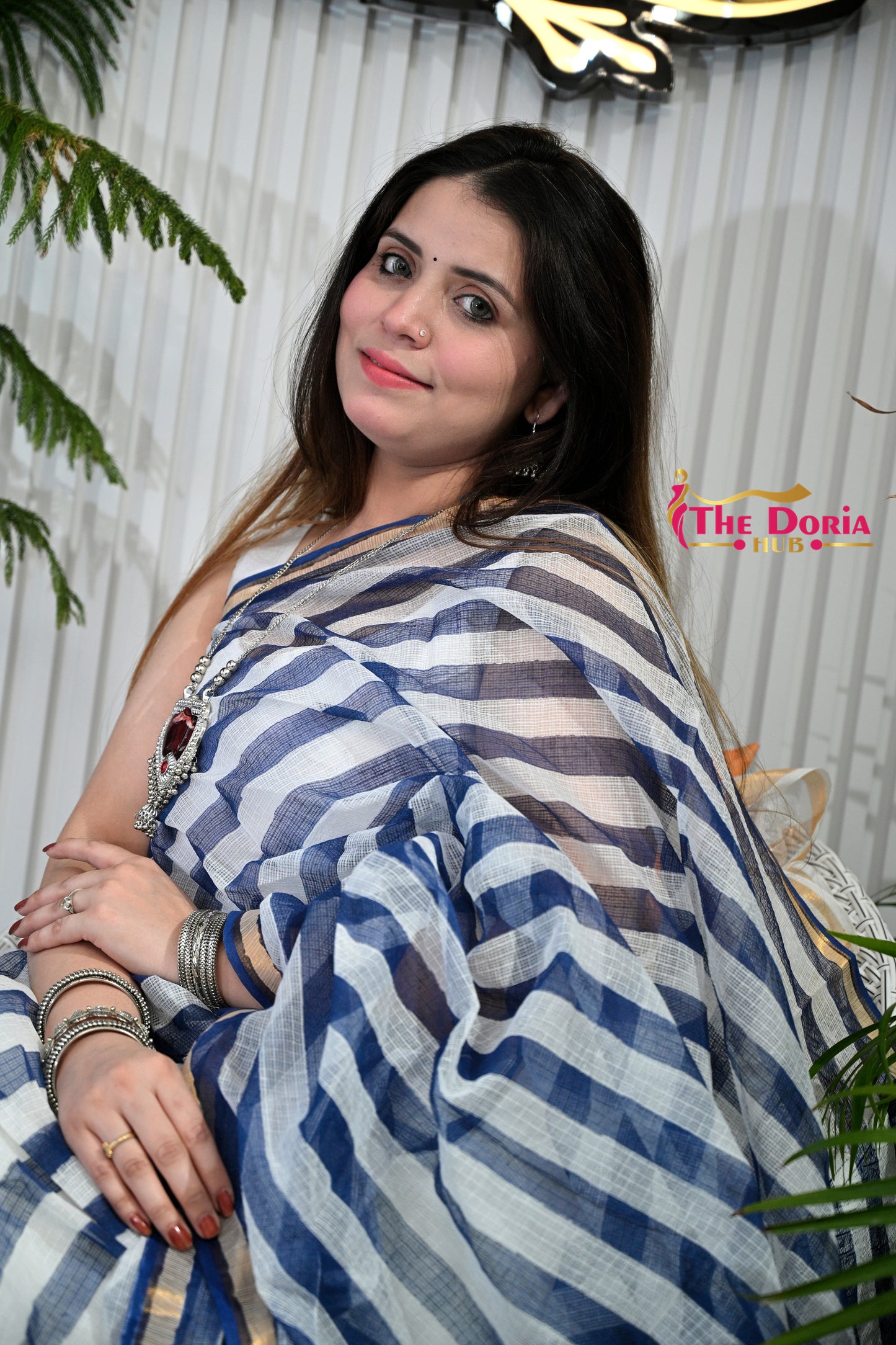 Indigo Floral Kota Doria Saree