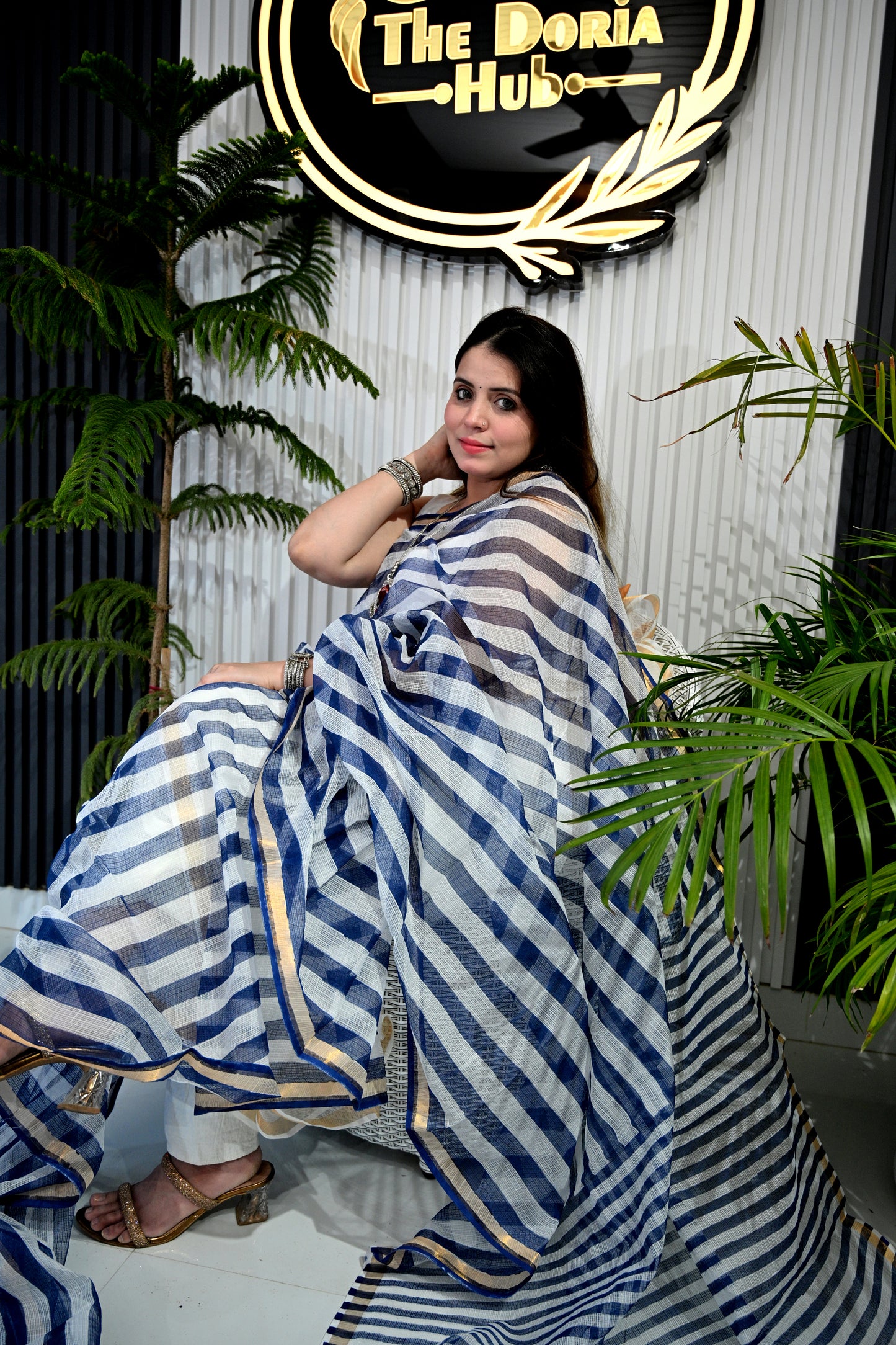 Indigo Floral Kota Doria Saree