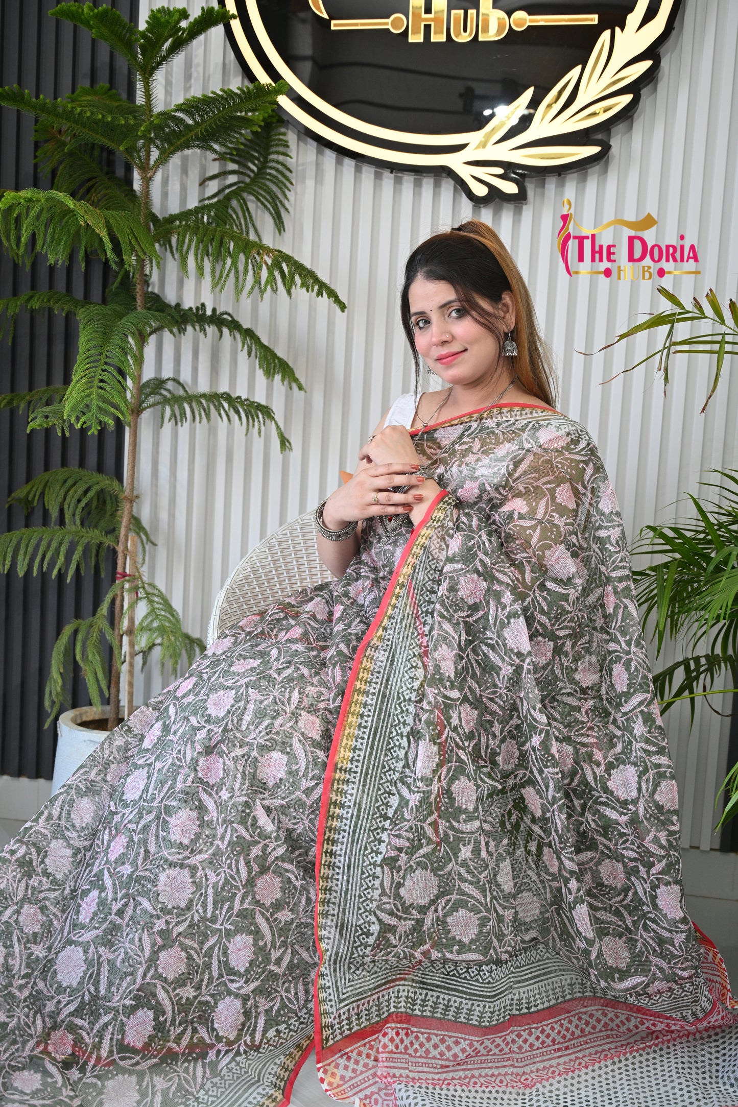 Floral Hand Block Kota Doria Saree