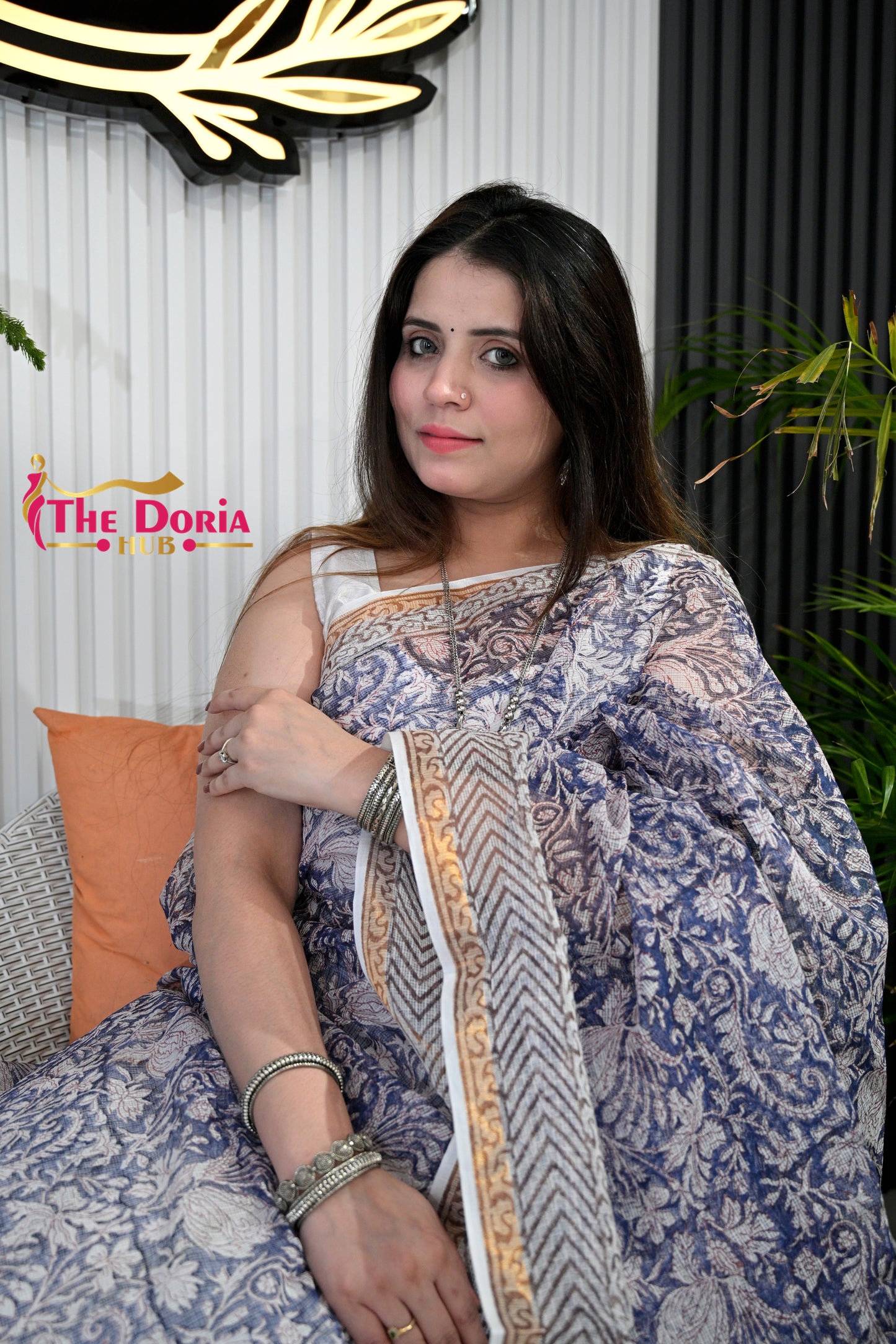 Indigo Floral Kota Doria Saree