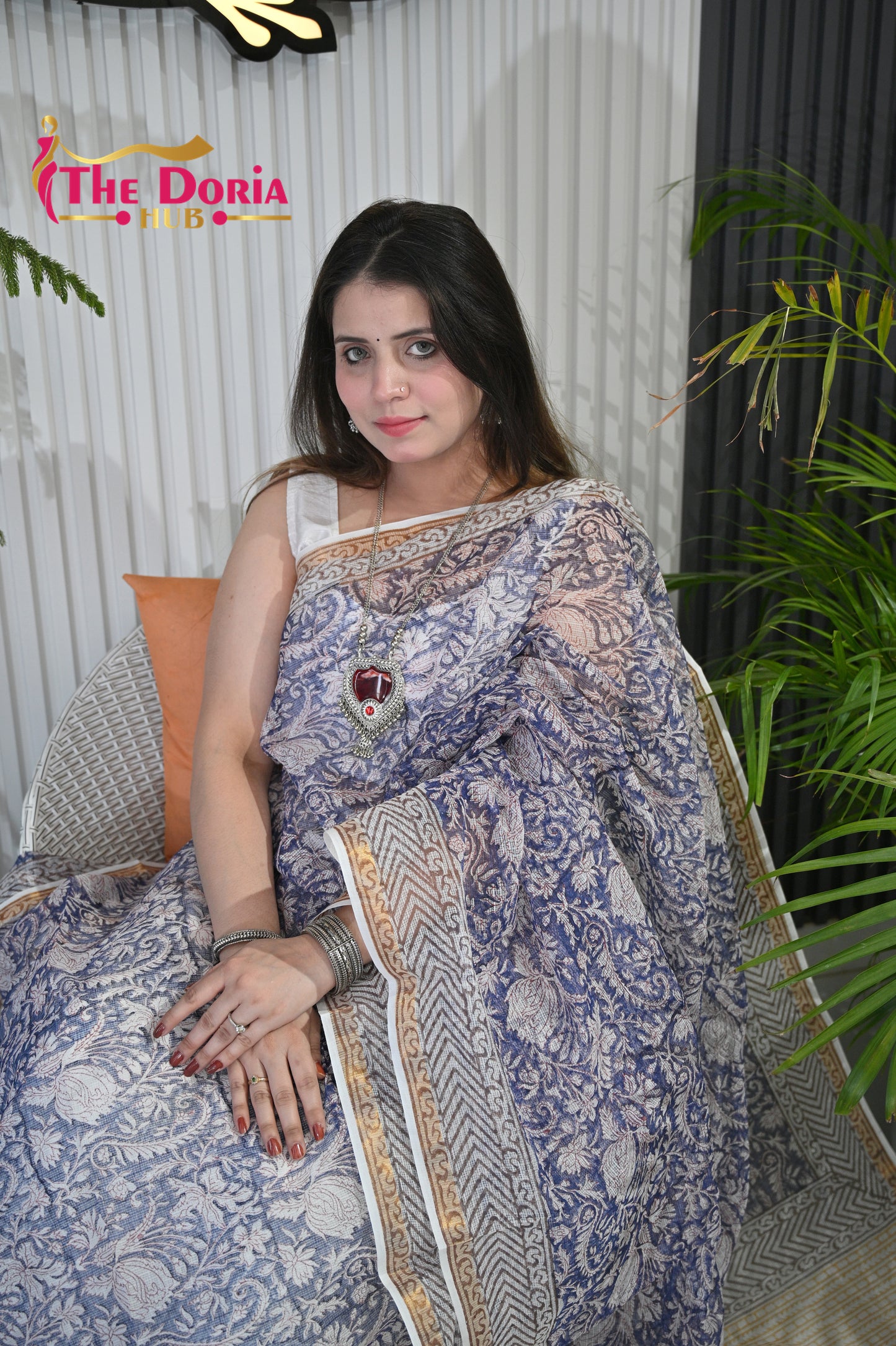 Indigo Floral Kota Doria Saree