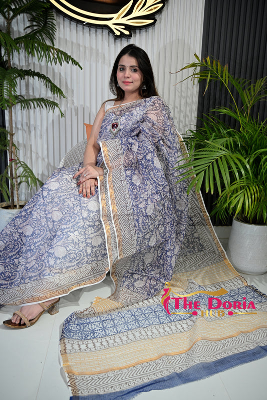 Indigo Floral Kota Doria Saree
