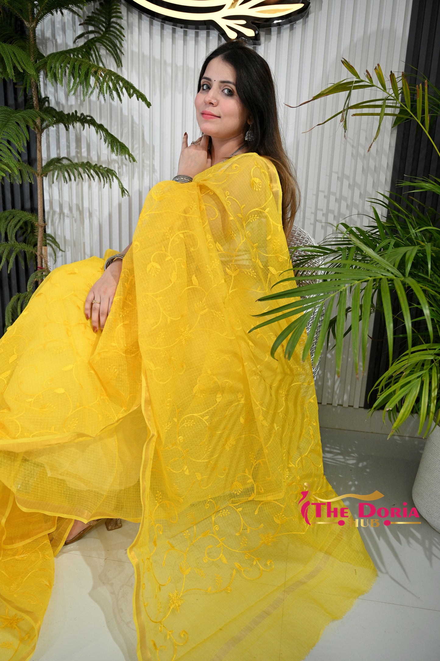 Bright Yellow Kota Doria Saree