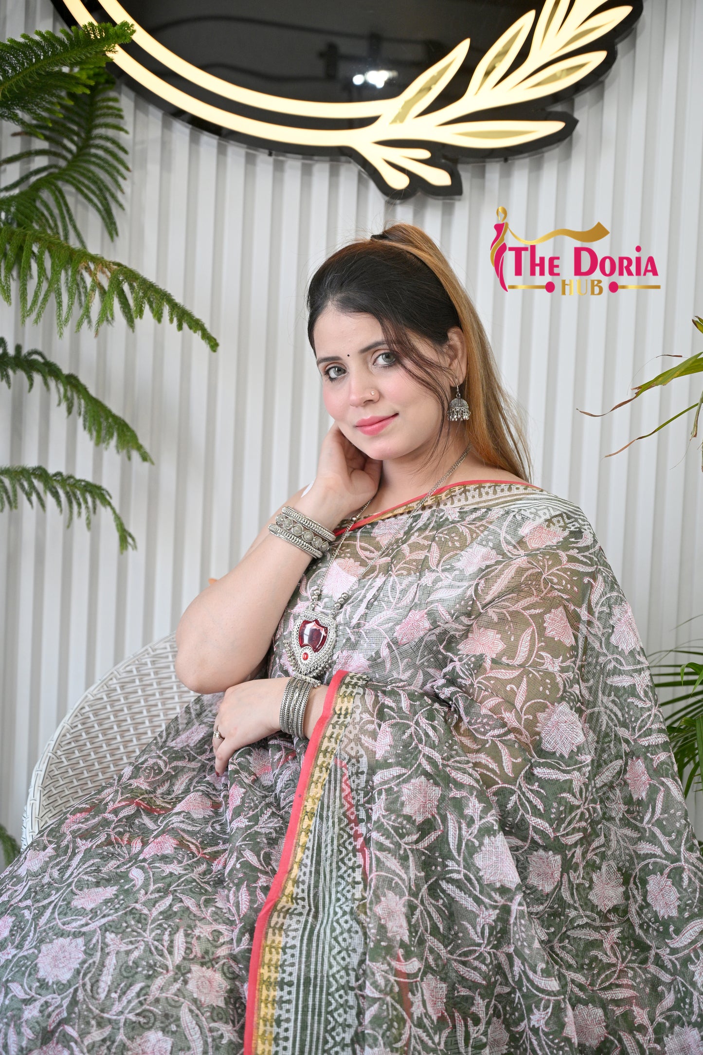 Floral Hand Block Kota Doria Saree