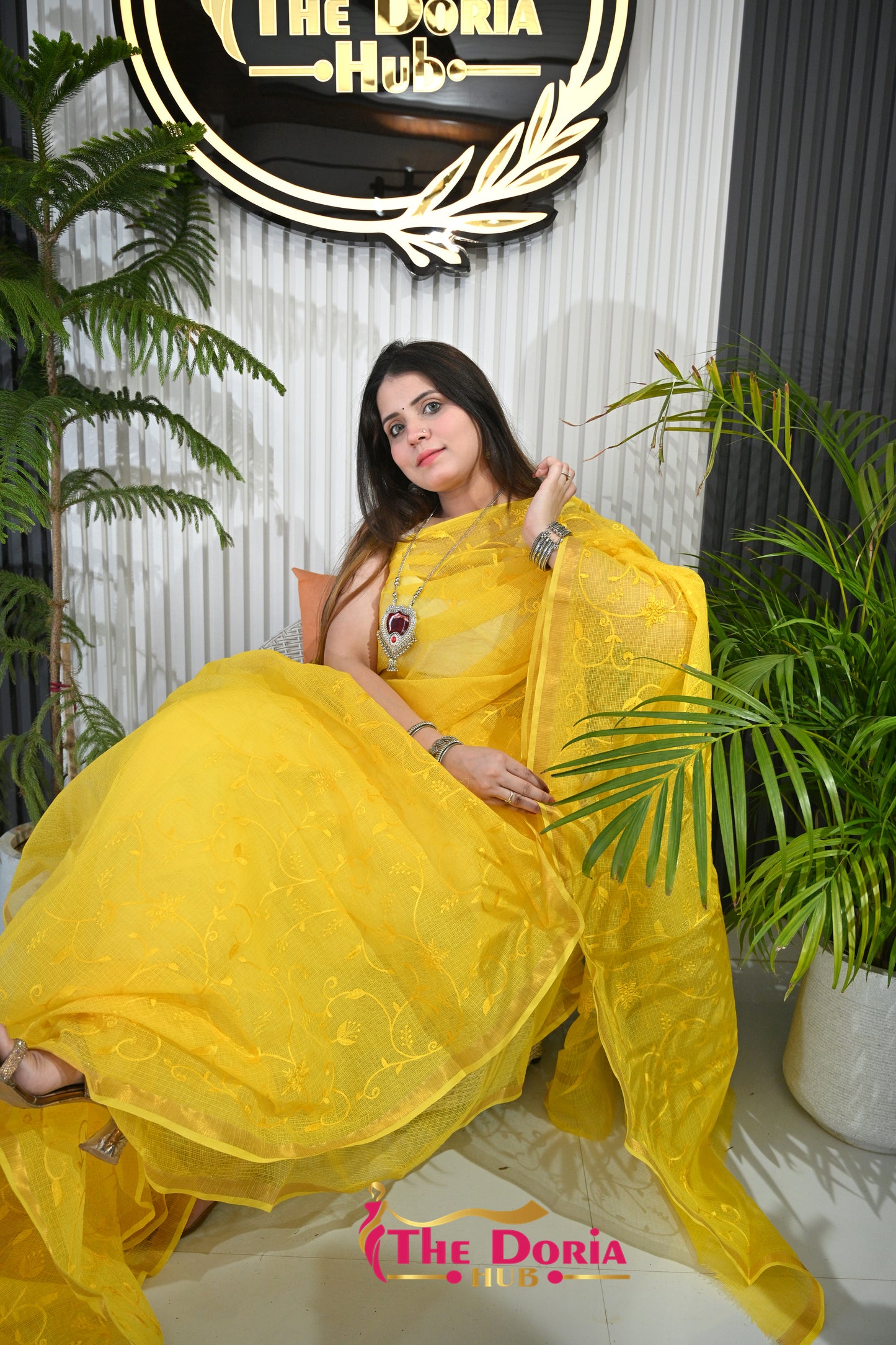 Bright Yellow Kota Doria Saree