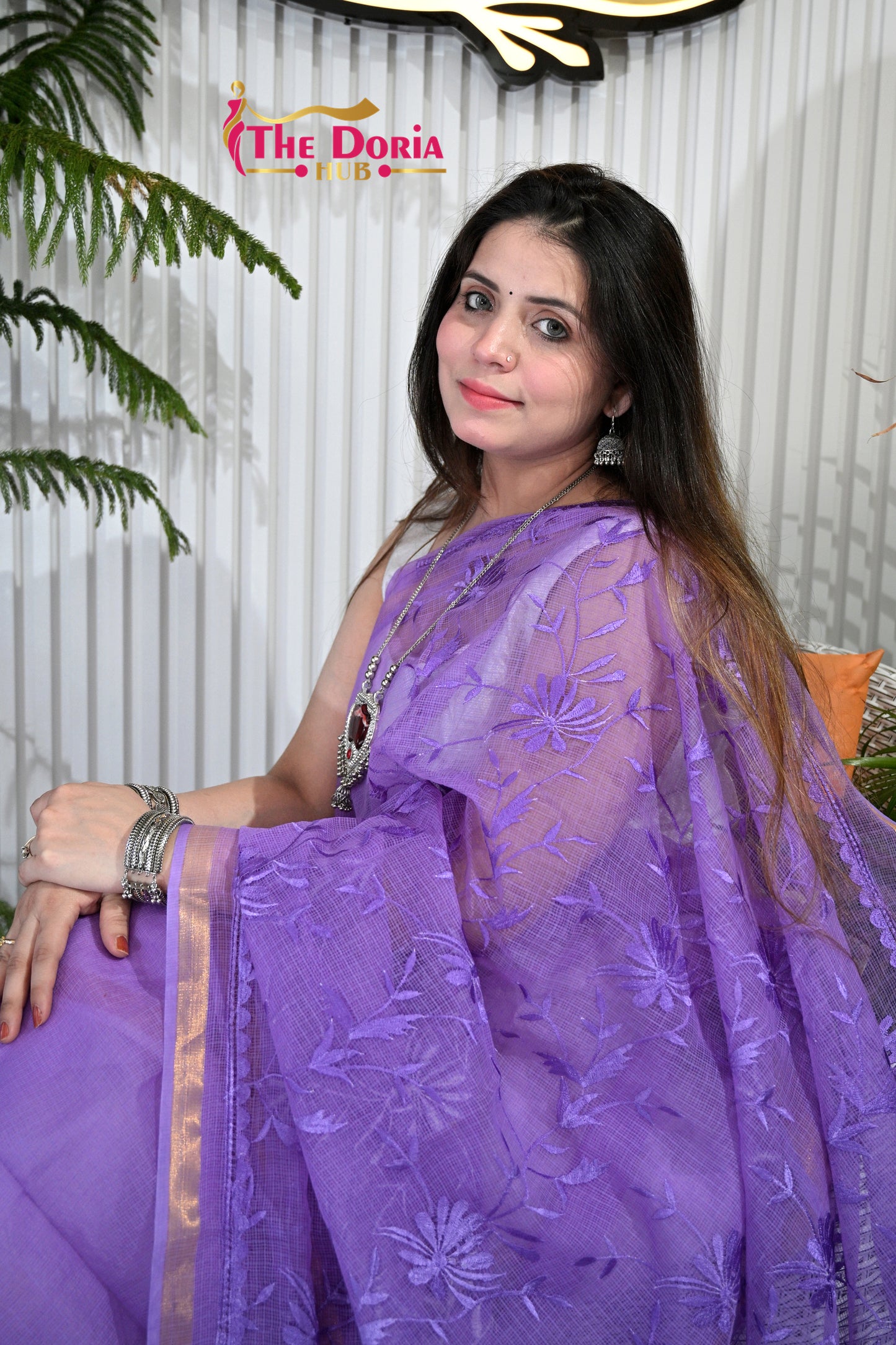 Lavender Embroidered Kota Doria Saree