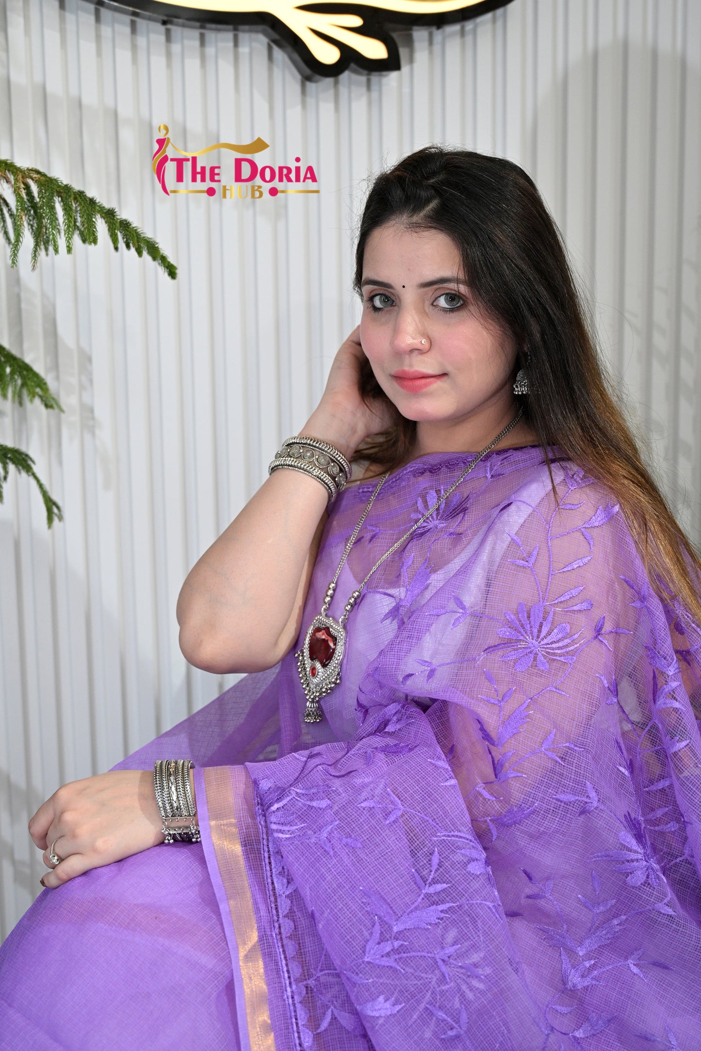Lavender Embroidered Kota Doria Saree