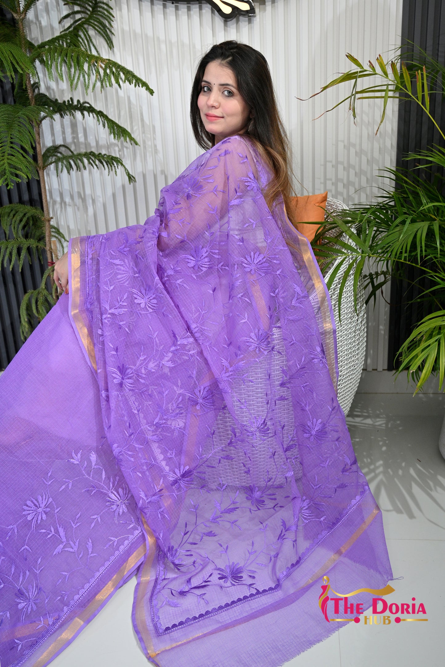 Lavender Embroidered Kota Doria Saree