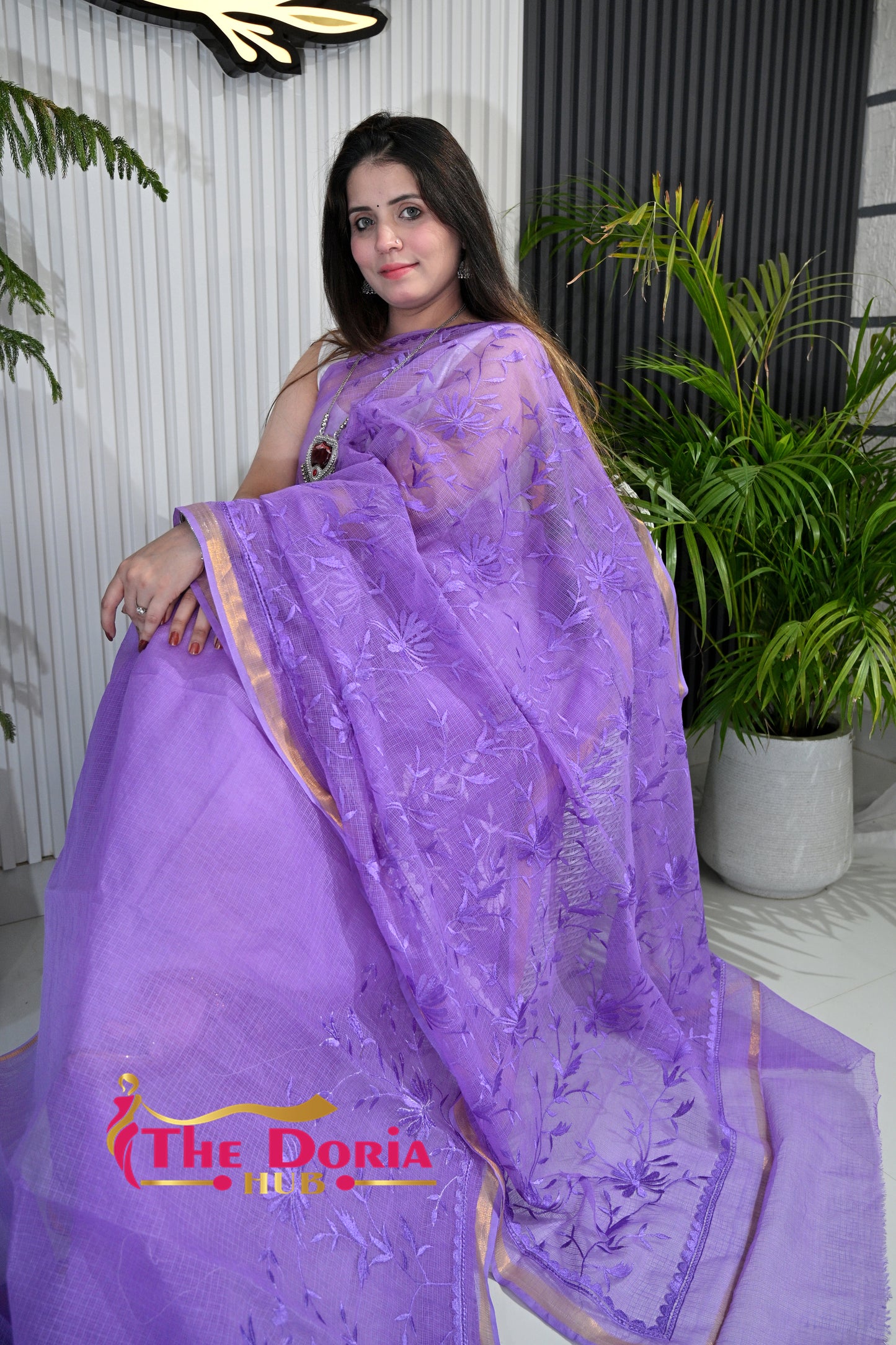 Lavender Embroidered Kota Doria Saree