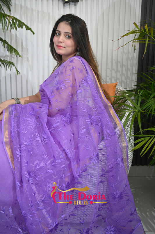 Lavender Embroidered Kota Doria Saree