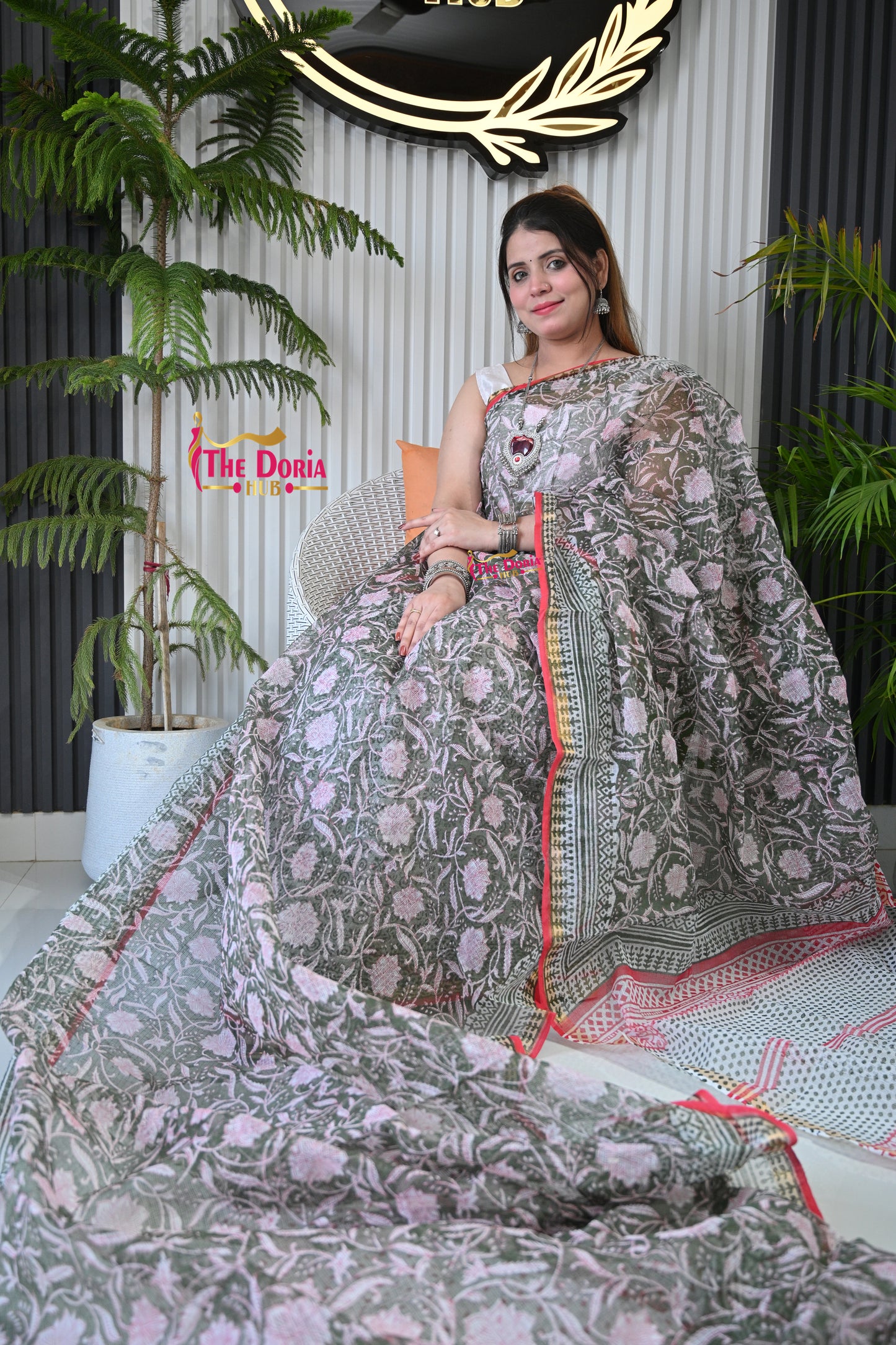 Floral Hand Block Kota Doria Saree