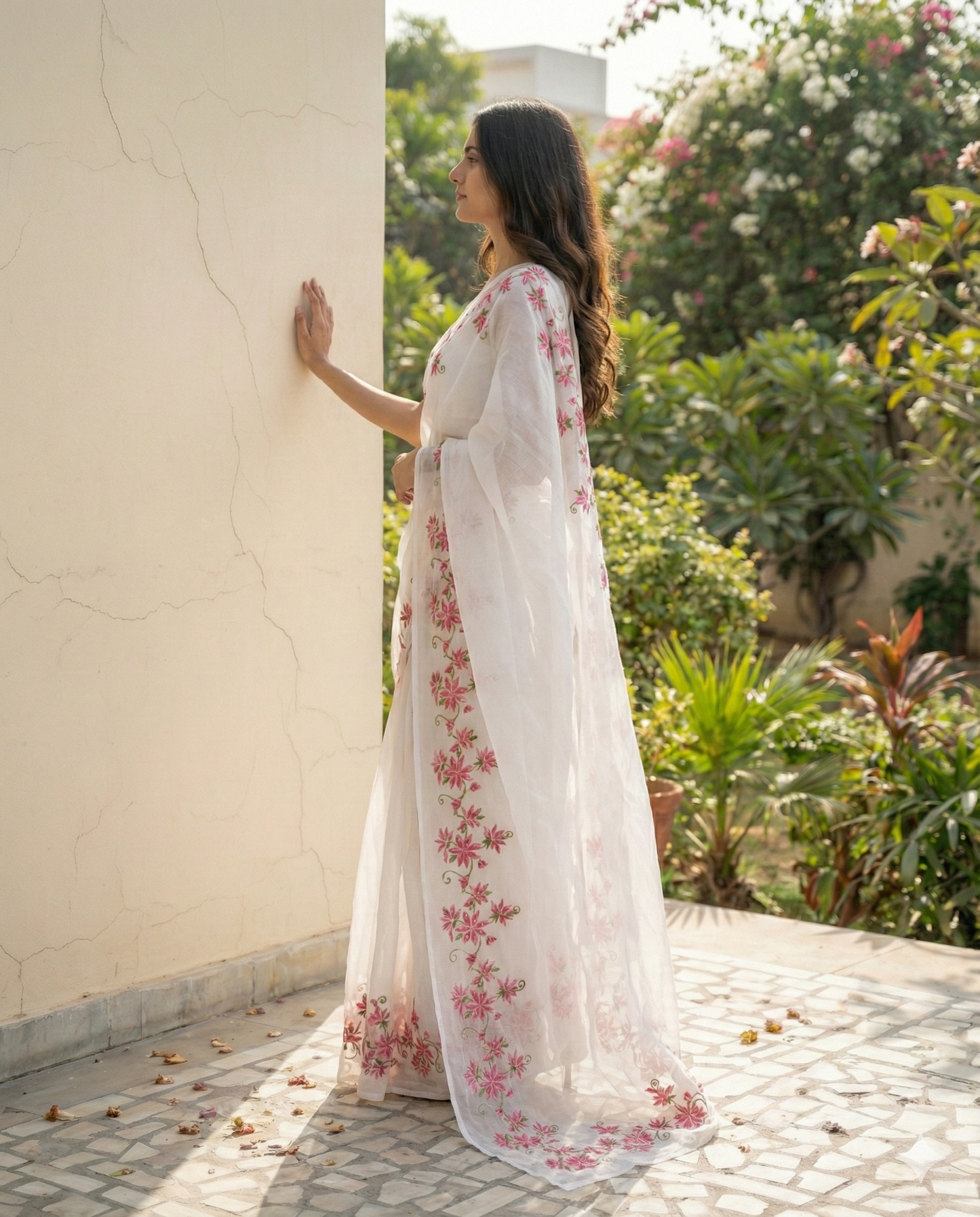 White kota doria saree with pink flower