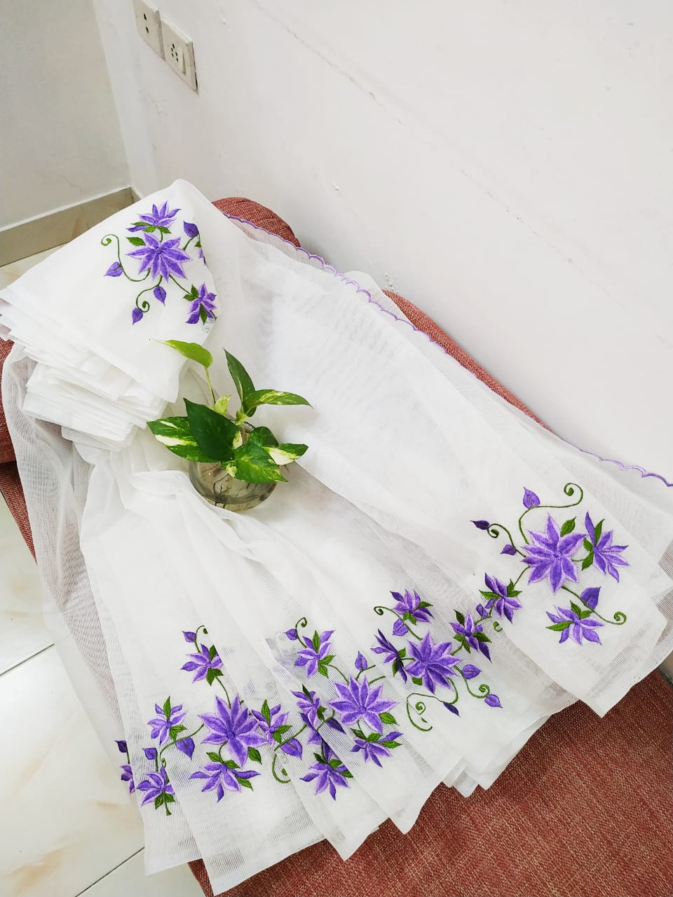 White kota doria saree with purple flower