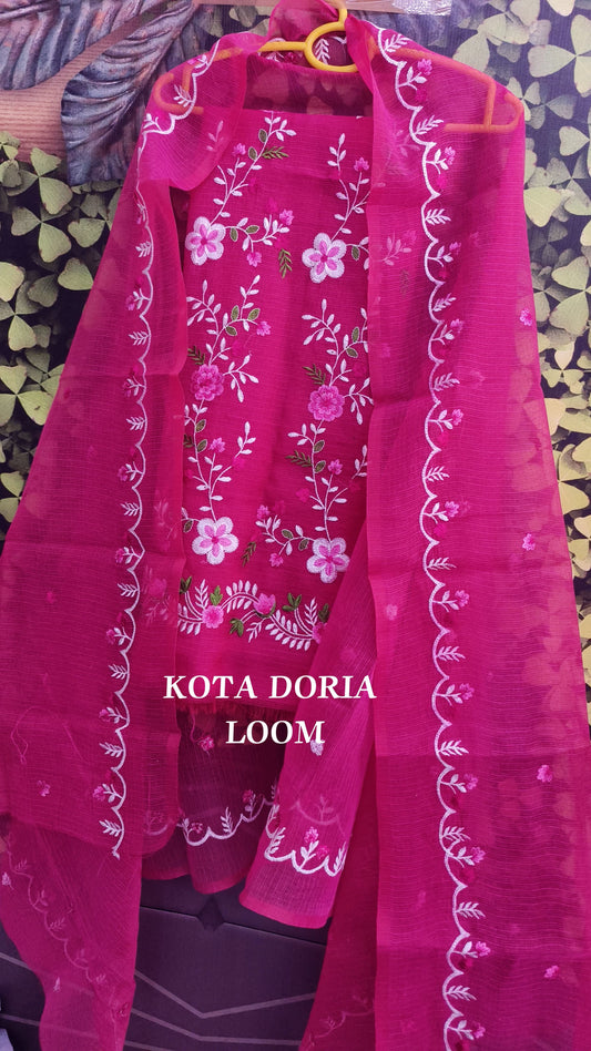 Fuchsia Floral Elegance Kota Doria Cotton Dress Material